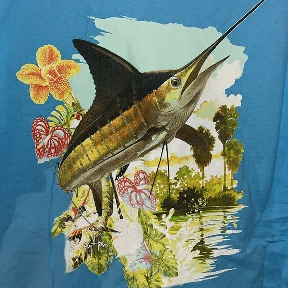 Guy Harvey Sailfish Fishing Turquoise blue pocket T shirt L me a - Picture 2 of 5